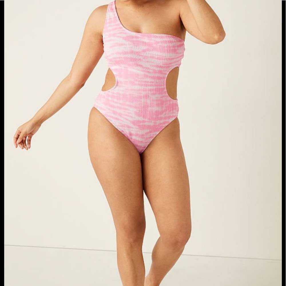 Pink Victoria’s Secret Crinkle One Shoulder One Piece Swimsuit NWT